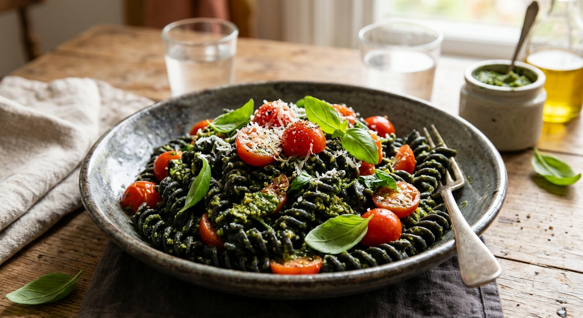 Fusilli mit Pesto, Kirschtomaten und Basilikum
